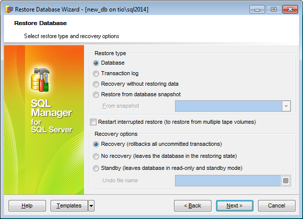 Restore Database - Setting restore type and recovery options