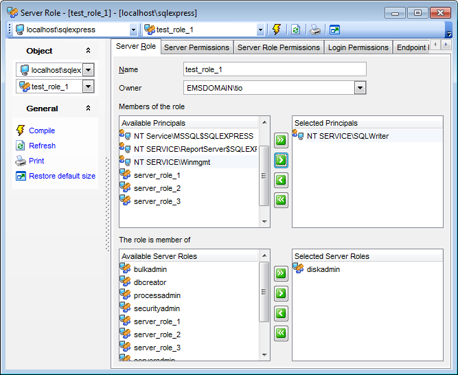 Server Role Editor - Setting server role parameters