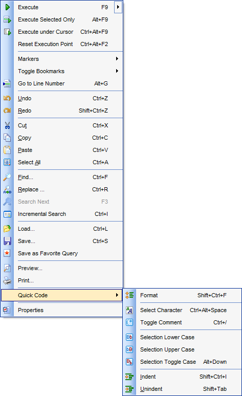 SQL Editor - Using the context menu