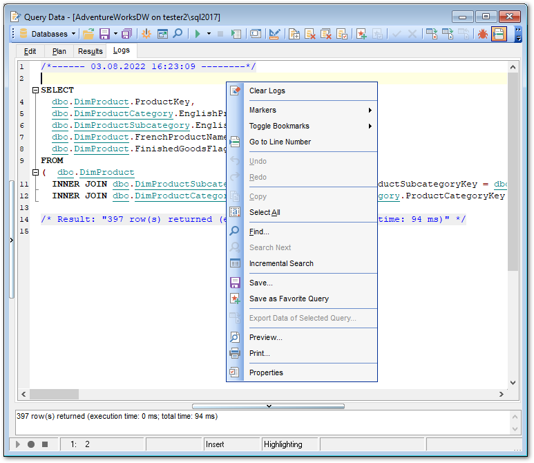 SQL Editor - Viewing query logs