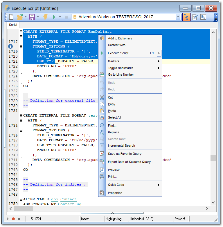 SQL Script Editor - Working with SQL Script editor area