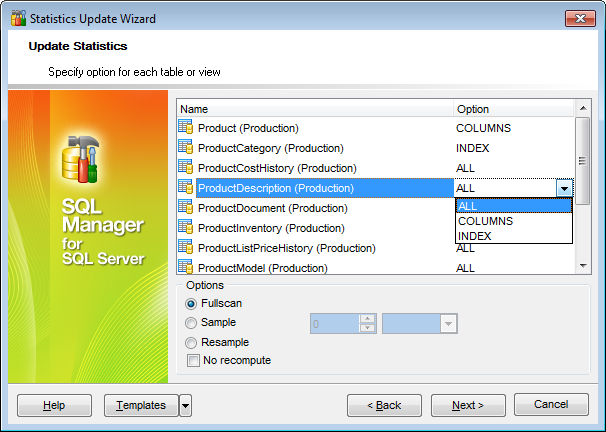 Statistics Update - Specifying update statistics options