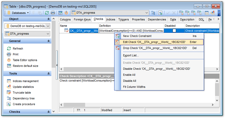 Table Editor - Managing checks