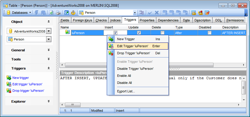 Table Editor - Managing triggers