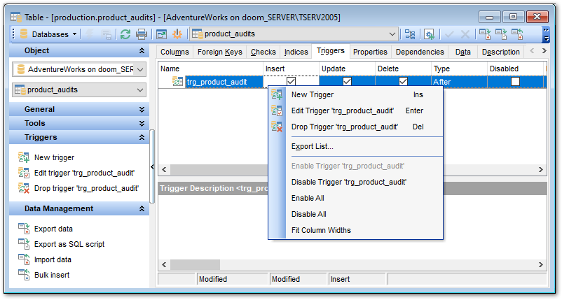 Table Editor - Managing triggers