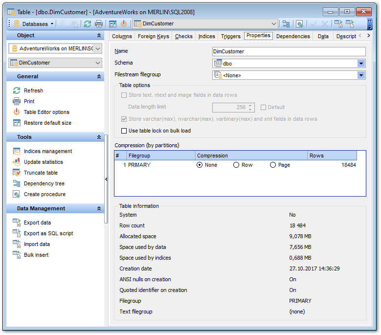 Table Editor - Table properties