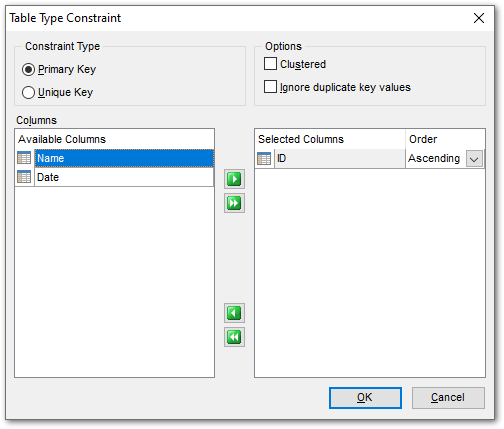 UDT Editor - Managing UDT Primary_Unique Keys - Table Type Constraint dialog