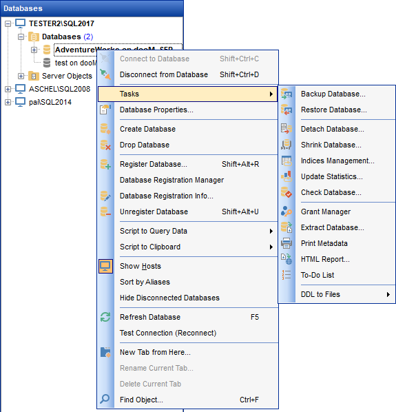 Using context menus - Database context menu