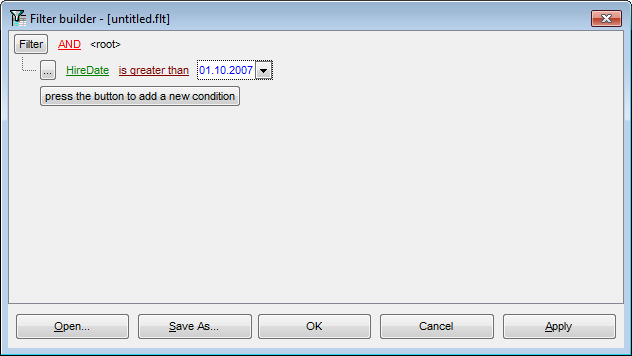 Filter Builder dialog - Setting filter criteria values