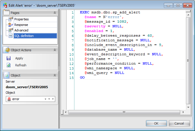 Alert Editor - Viewing SQL definition