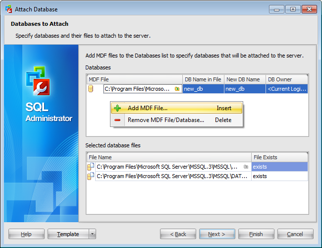 Attach Database Wizard - Defining database files