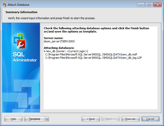 Attach Database Wizard - Viewing summary information