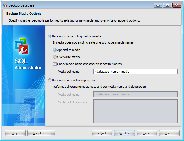 Backup Database Wizard - Setting backup media options
