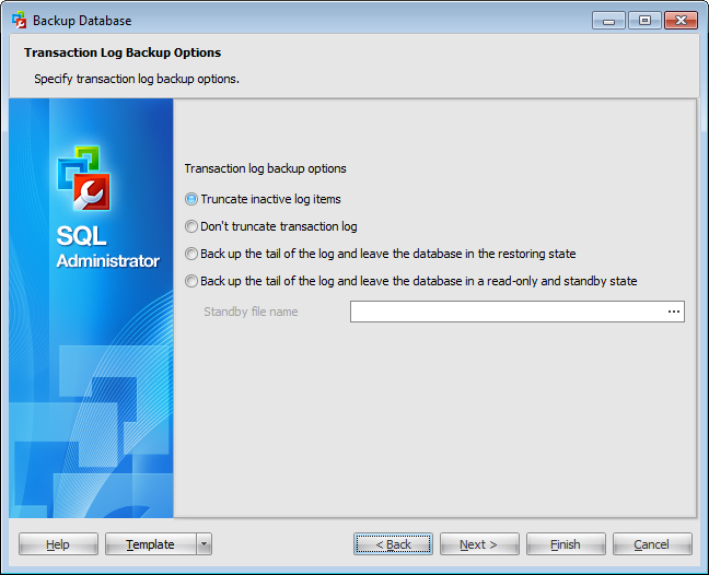 Backup Database Wizard - Specifying  transaction backup options
