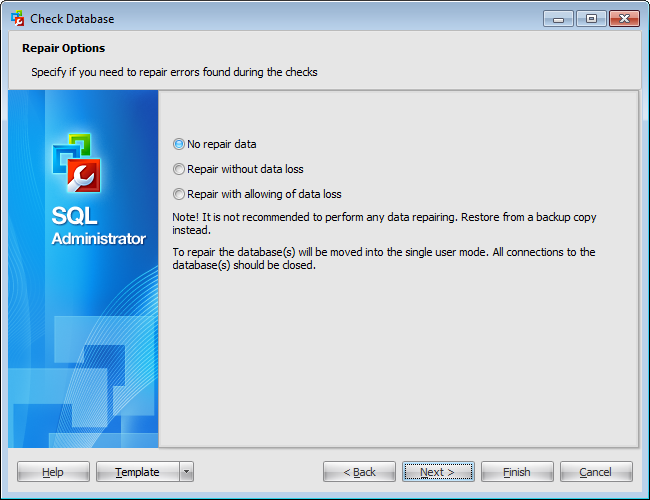 Check Database Wizard - Setting repair options