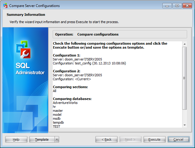 Compare server configurations - Viewing summary information