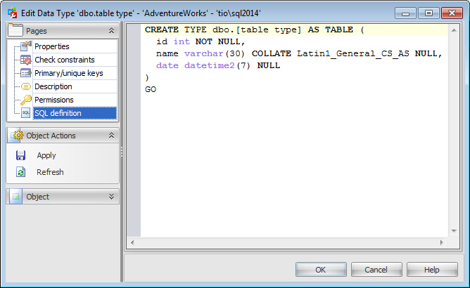 Data Type Editor - SQL Definition