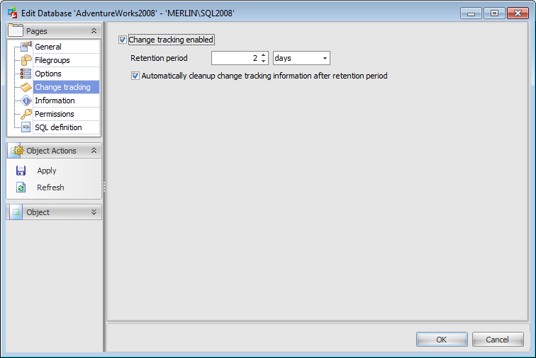 Database Editor - Configuring change tracking