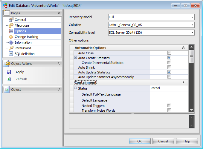 Database Editor - Editing database options