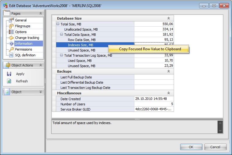 Database Editor - Viewing database properties