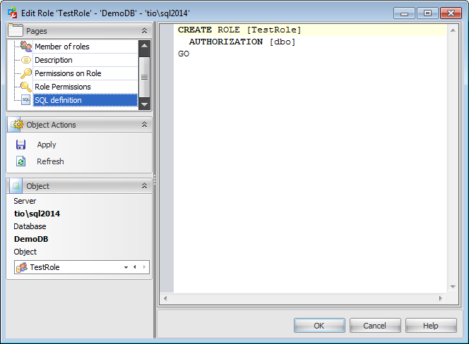 Database role Editor - Viewing SQL definition