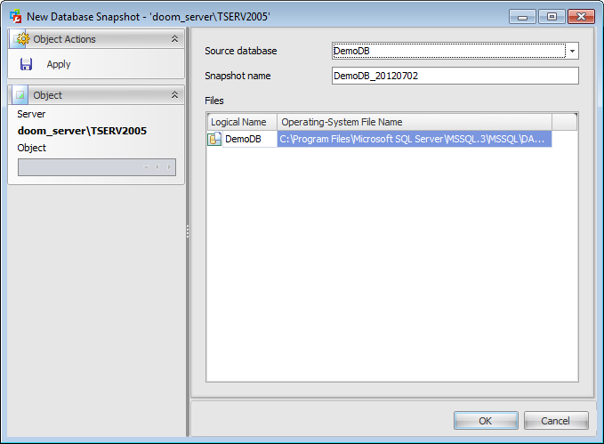 Database snapshots editor - Creating database snapshot