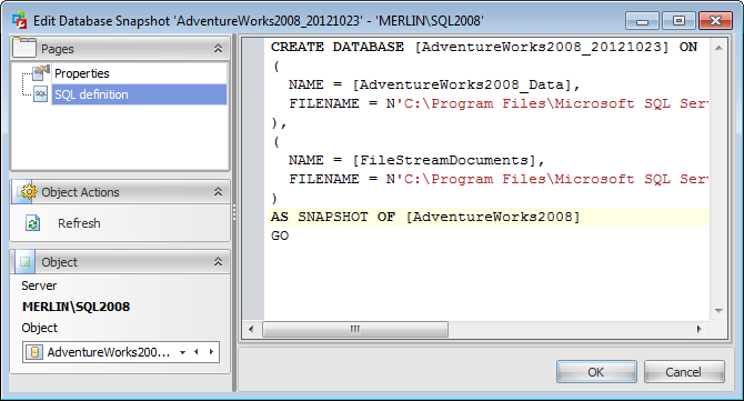 Database snapshots editor - Viewing SQL Definition