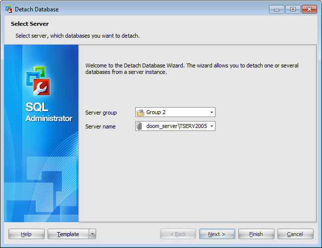 Detach Database Wizard - Selecting server