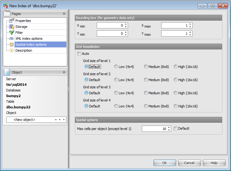 Index Editor - Spatial index options