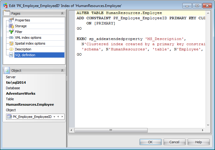 Index Editor - SQL Definition