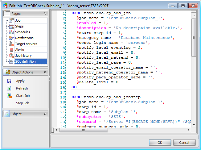 Job Editor - Viewing SQL Definition