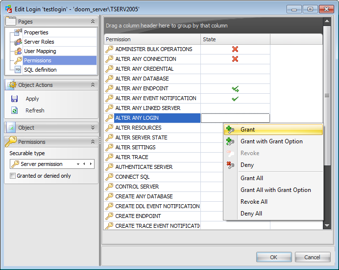 Login Editor - Setting server permissions