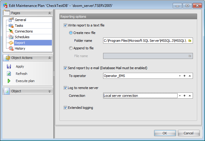 Maintenance plans - Maintenance Plan Editor - Setting reporting options