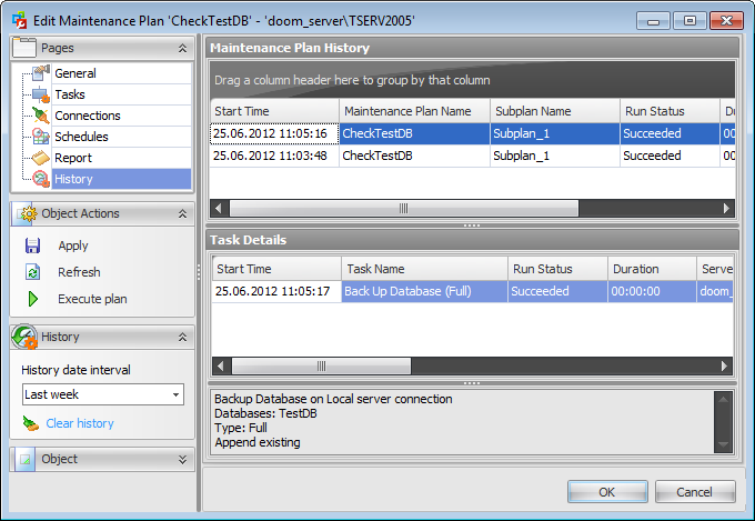 Maintenance plans - Maintenance Plan Editor - Viewing maintenance plan history