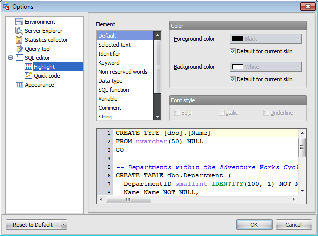 Options - SQL Editor - Highlight