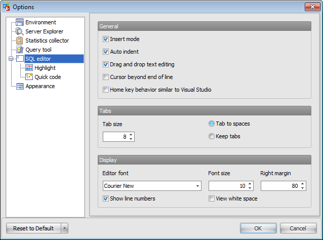 Options - SQL editor