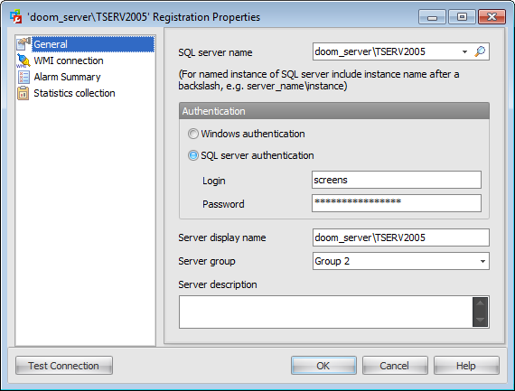 Register server - Configuring general connection settings