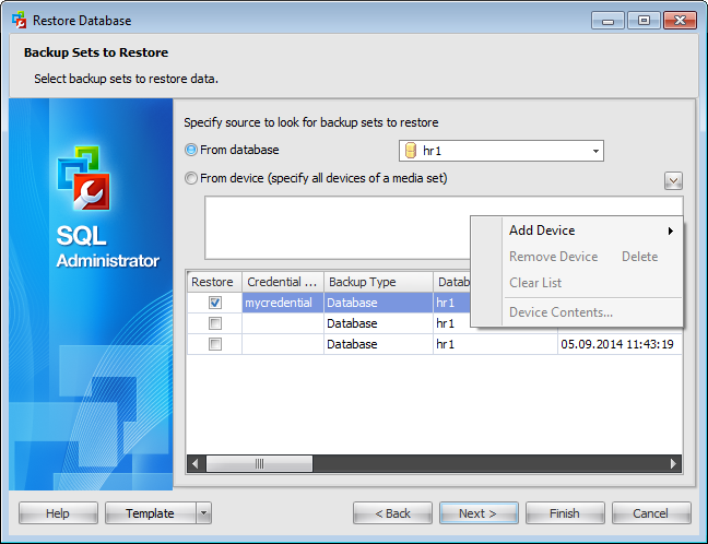 Restore Database Wizard - Selecting backup set to restore