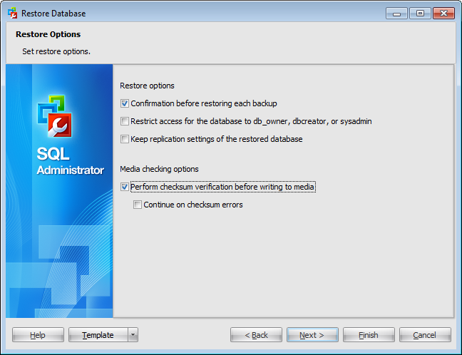 Restore Database Wizard - Setting restore options