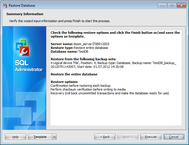 Restore Database Wizard - Viewing summary information