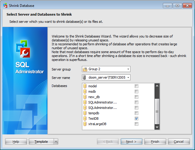 Shrink Database Wizard - Selecting server and databases
