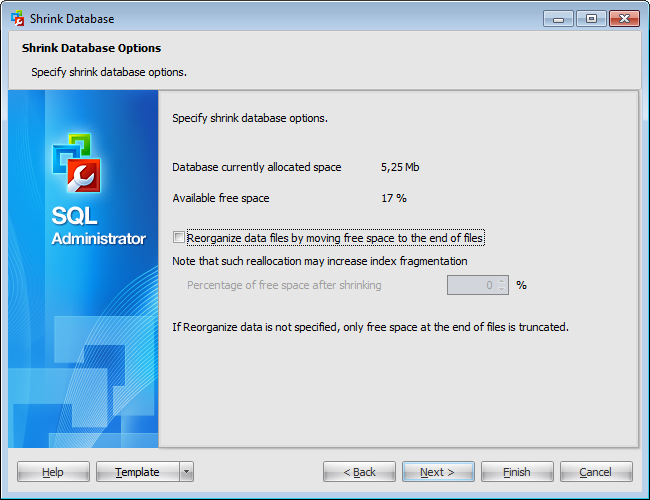 Shrink Database Wizard - Specifying shrink database options