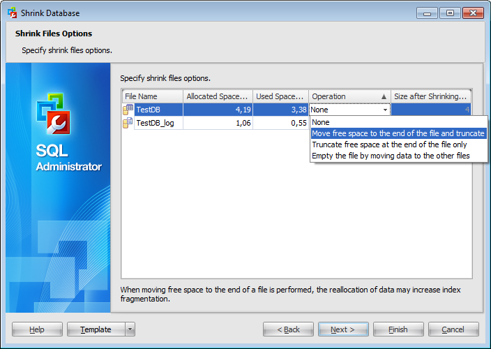 Shrink Database Wizard - Specifying shrink file options