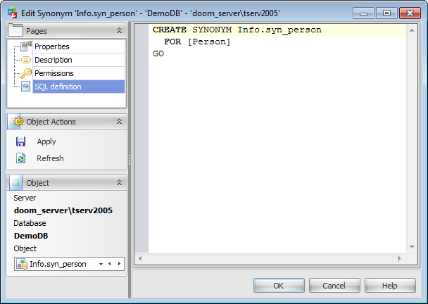 Synonym Editor - SQL Definition
