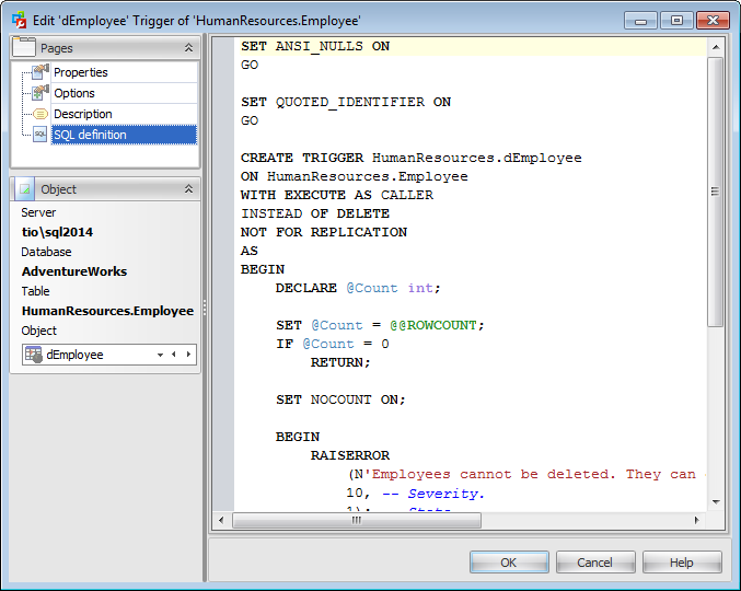 Trigger Editor - SQL Definition