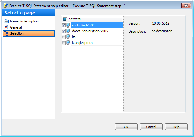 Editing Service task template - Execute T-SQL statement - Selection