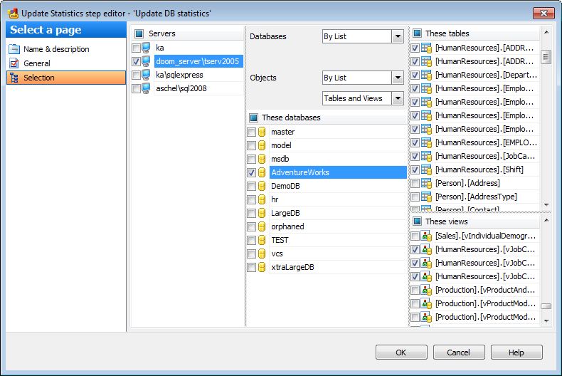 Editing Service task template - Update Statistics - Databases