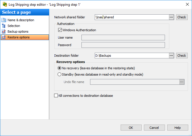 Editing Service task template-Transaction Log Shipping-Restore