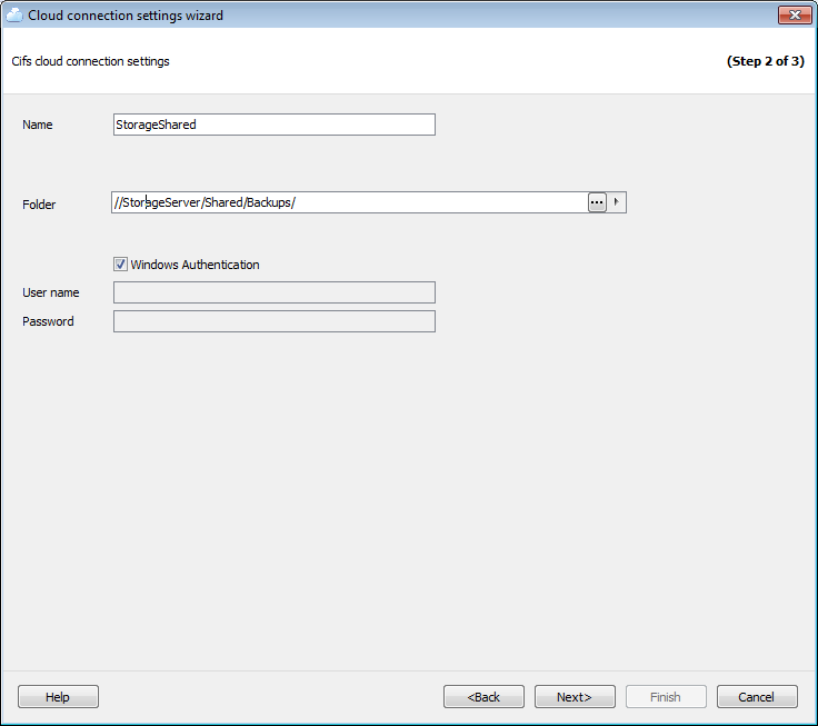 Options - Cloud connections - Wizard - Cifs