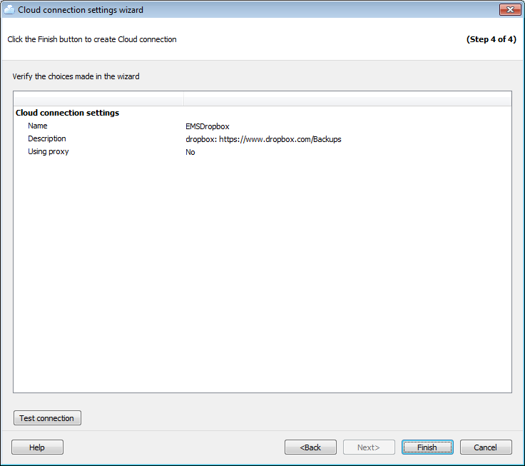 Options - Cloud connections - Wizard - Finish